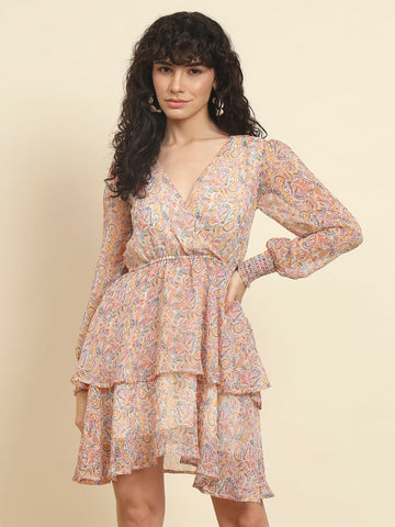 Beige Paisley Printed Overlap Dress