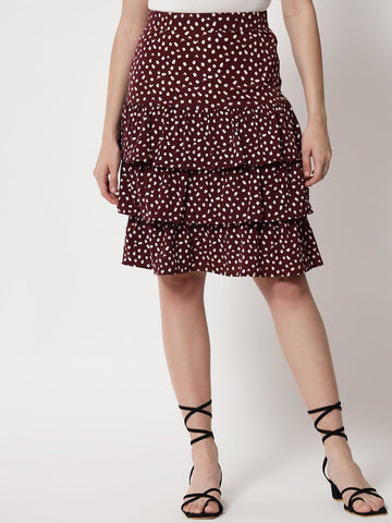 Wine Printed Frill Skirt