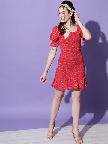 Red Printed Smoking Dress