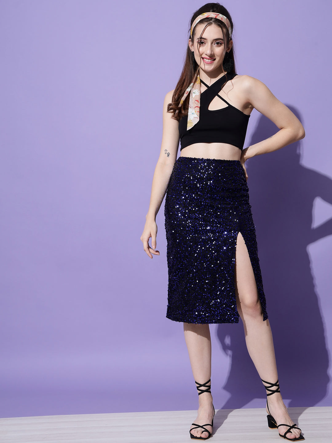 Navy Blue Sequin Party Skirt