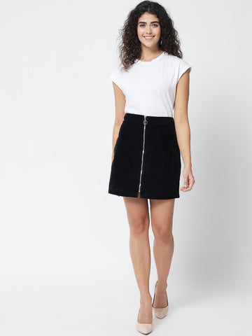 Black Front Zipper Velvet Skirt