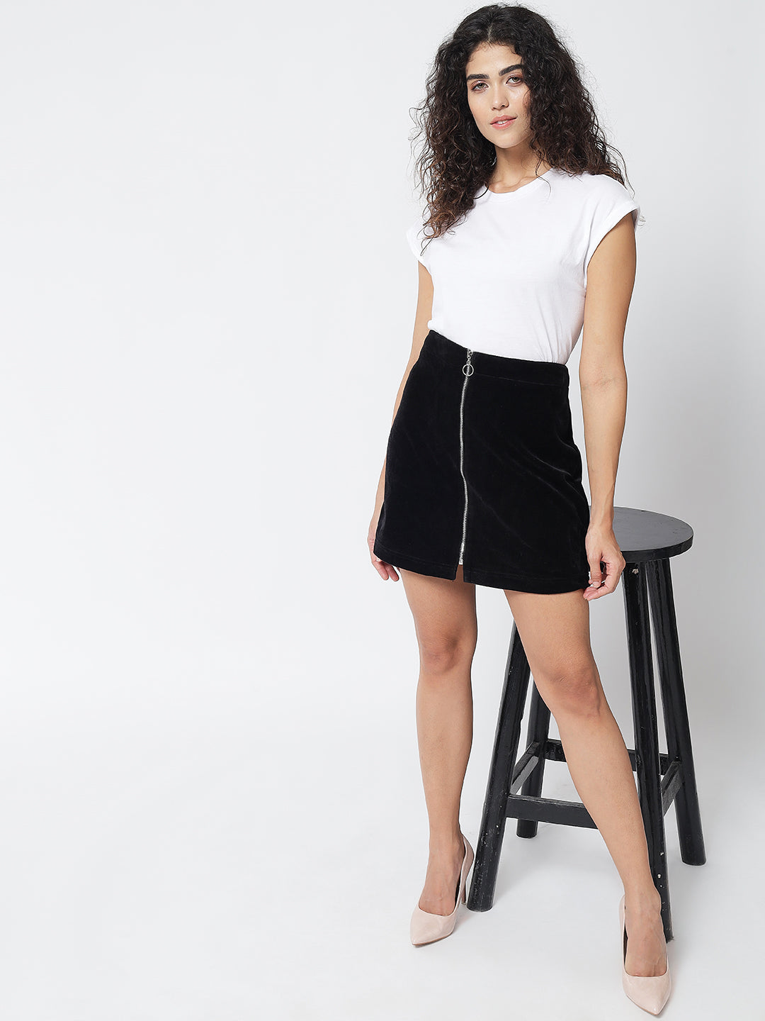 Black Front Zipper Velvet Skirt