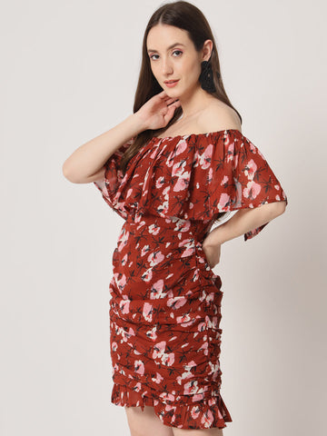 Rust Floral Printed Off Shoulder Dress