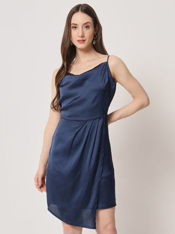 Blue Satin Cowl Neck Dress