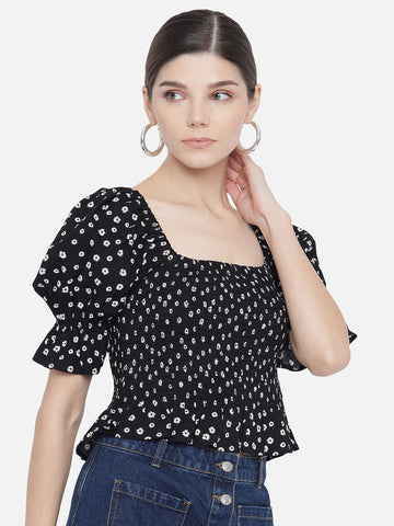 Black Ditsy Smoking Top