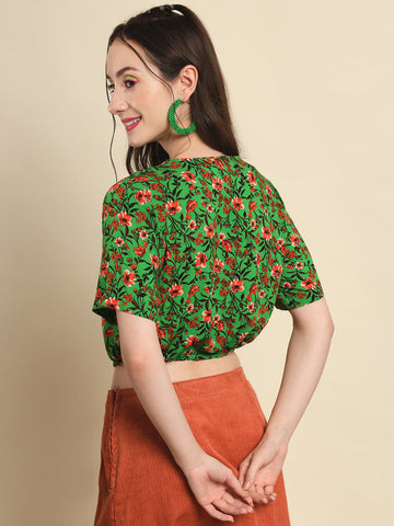 Green Printed Drawstring Detail Top