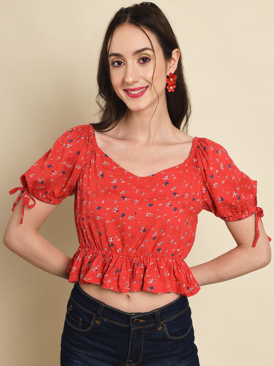 Red Printed Frill Top