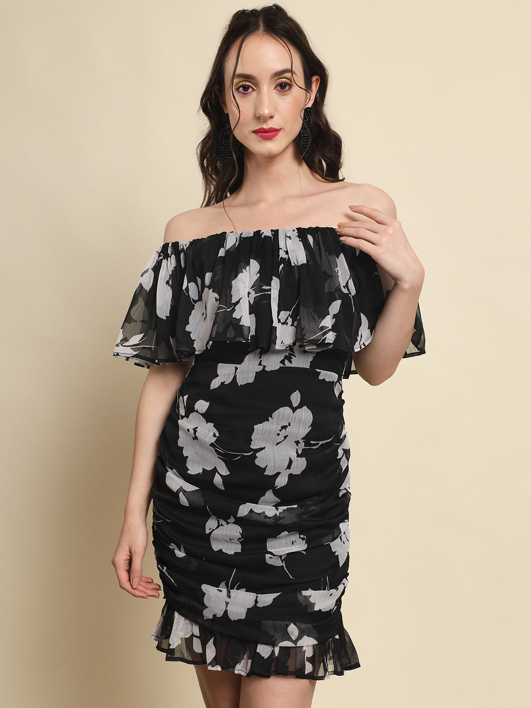 off shoulder black floral dress OFF-SHOULDER FLORAL LACE COLUMN DRESS IN BLACK