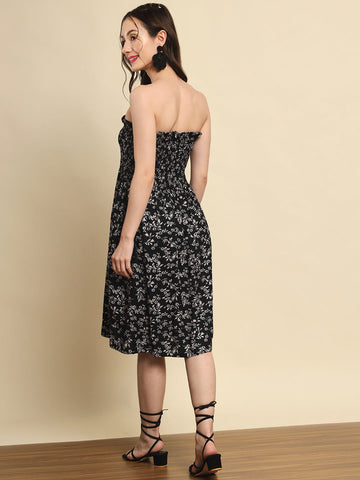 Black Floral Print Smocking Dress