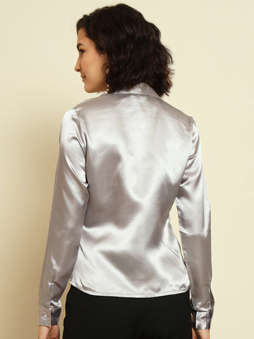 Grey Satin Gathered Shirt