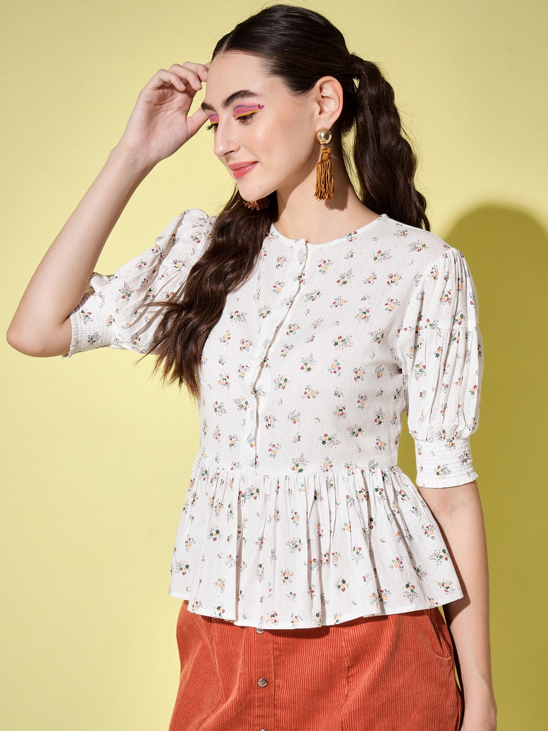 White Printed Frill Top