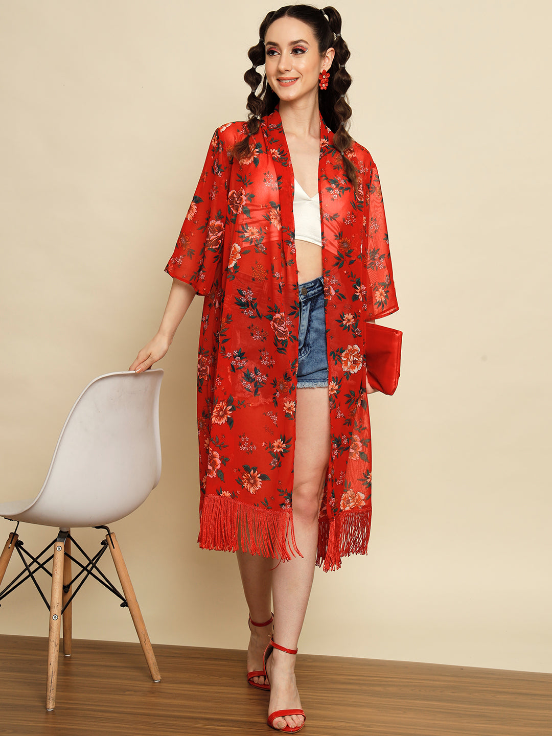 Red Floral Printed Lace Detail Shrug