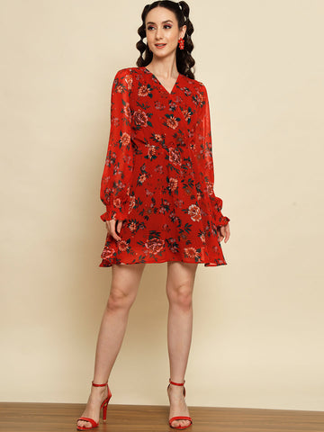 Red Floral Printed Overlap Dress