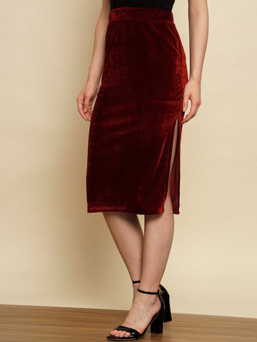 Maroon Velvet Slit Skirt