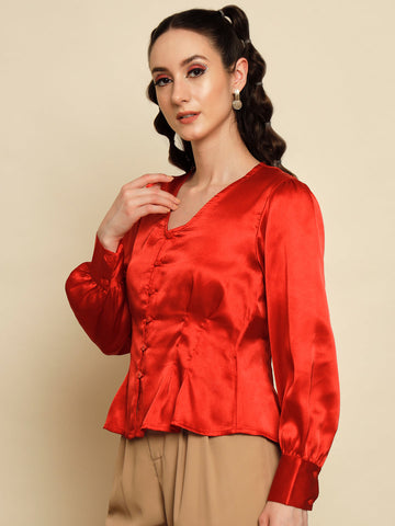 Red Satin Top with Pleat Detail