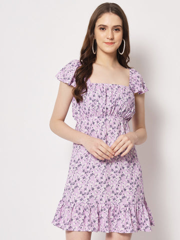 Lilac Floral Back Tie-up Detail Dress