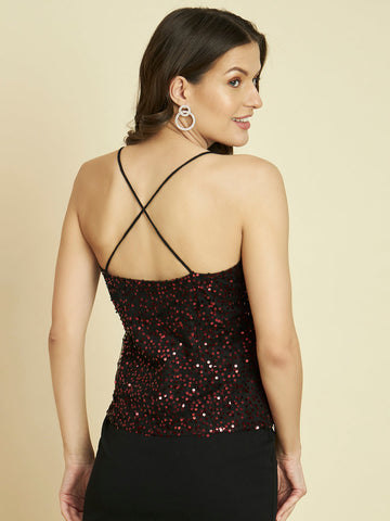 Red Sequin Deep Neck Top