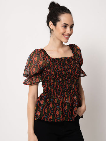 Red Floral Printed Smocking Top