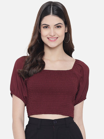 Wine Solid Smocking Crop Top