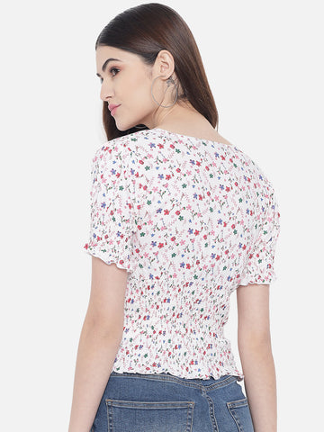 White Floral Print Smocking Top