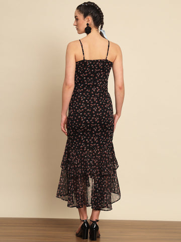 Black Floral Print Frill Dress