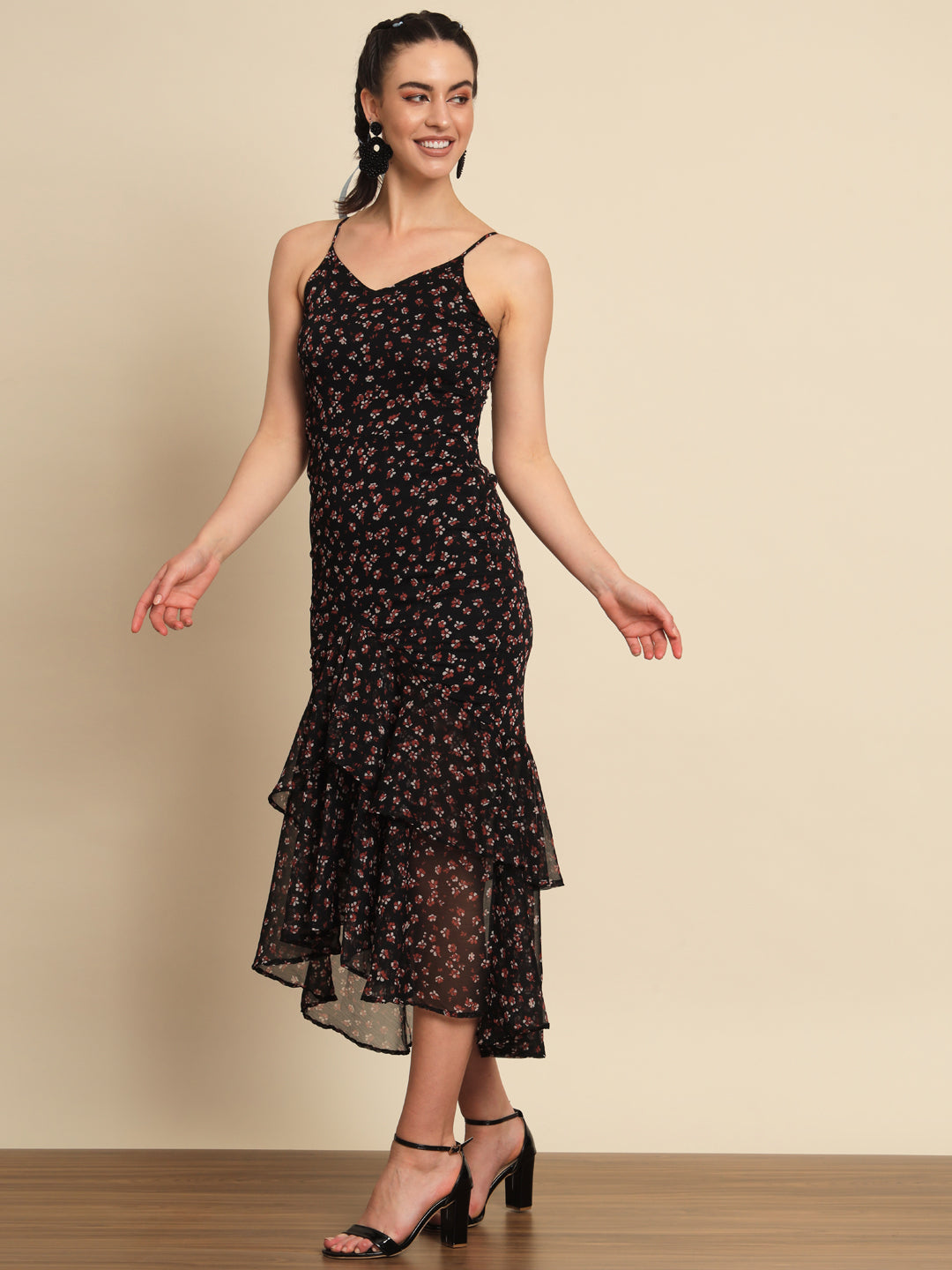 Black Floral Print Frill Dress