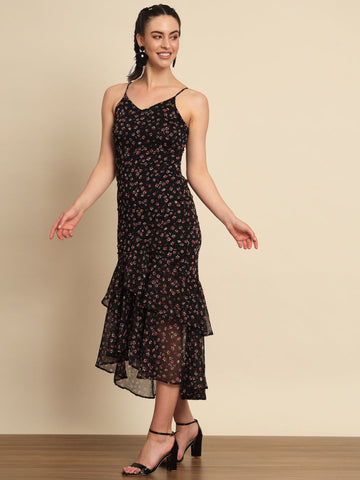 Black Floral Print Frill Dress