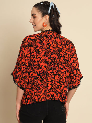 Red and Black Floral Printed Shrug