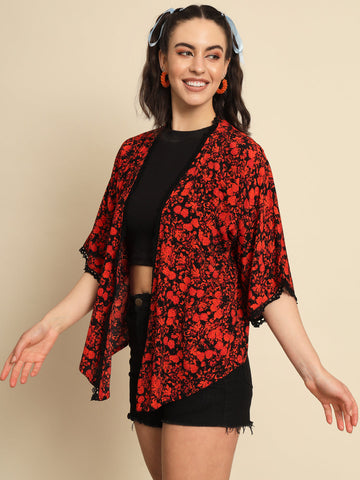 Red and Black Floral Printed Shrug