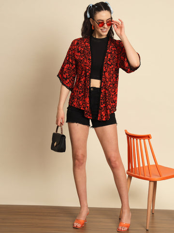 Red and Black Floral Printed Shrug