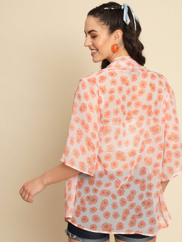 White Orange Floral Printed Shrug
