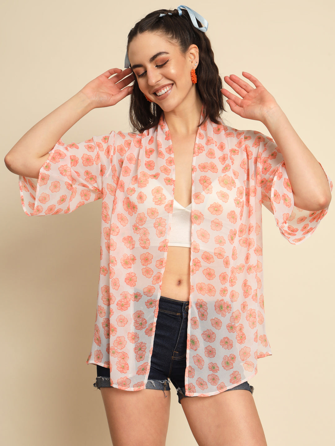 White Orange Floral Printed Shrug