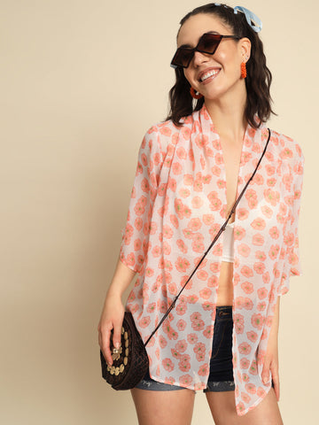 White Orange Floral Printed Shrug