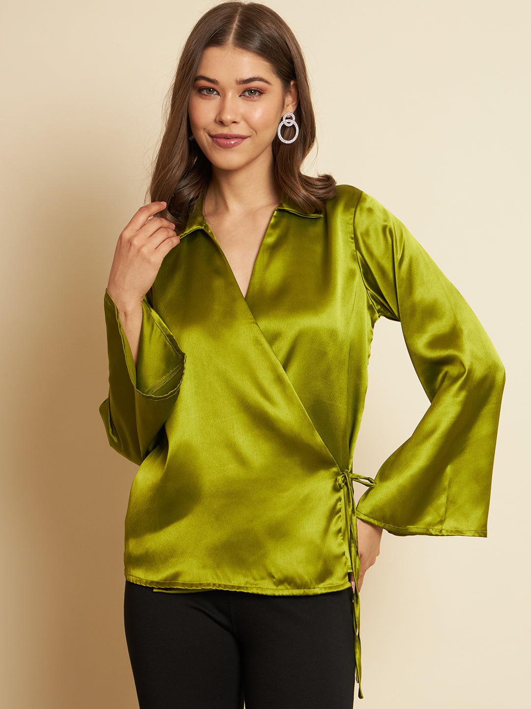 Green Wrap Satin Top