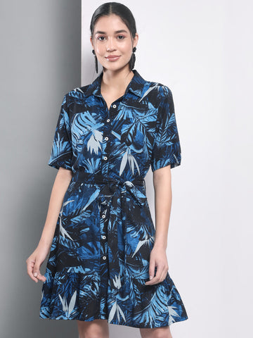 Blue Tropical Printed Flare Dress