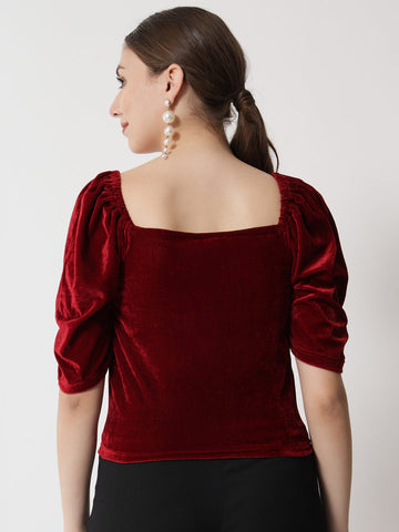 Maroon Puff Sleeve Velvet Top