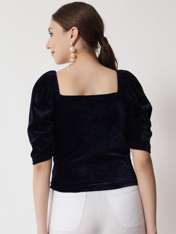 Blue Puff Sleeve Velvet Top