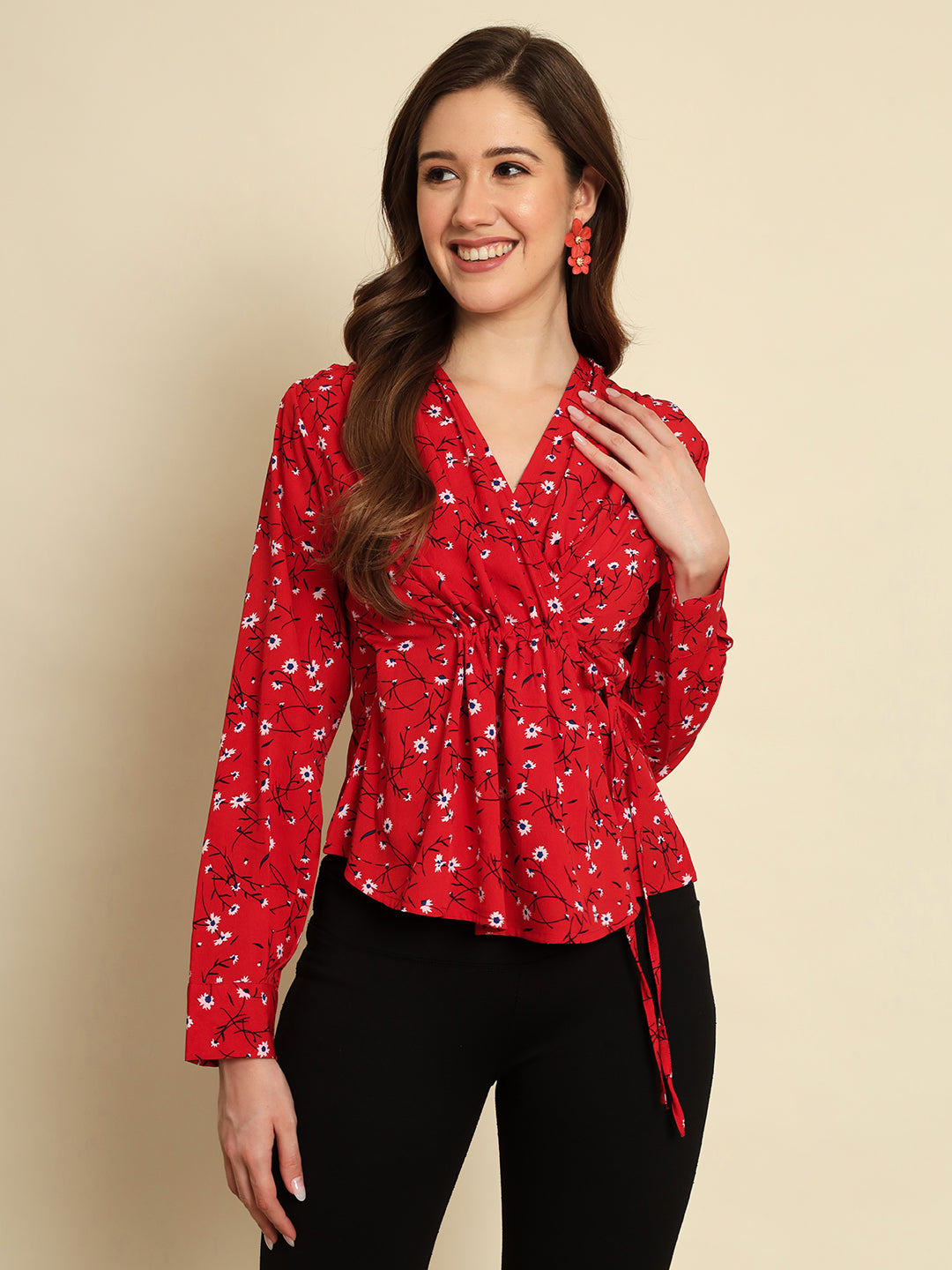 Red Floral Printed Wrap Style Top