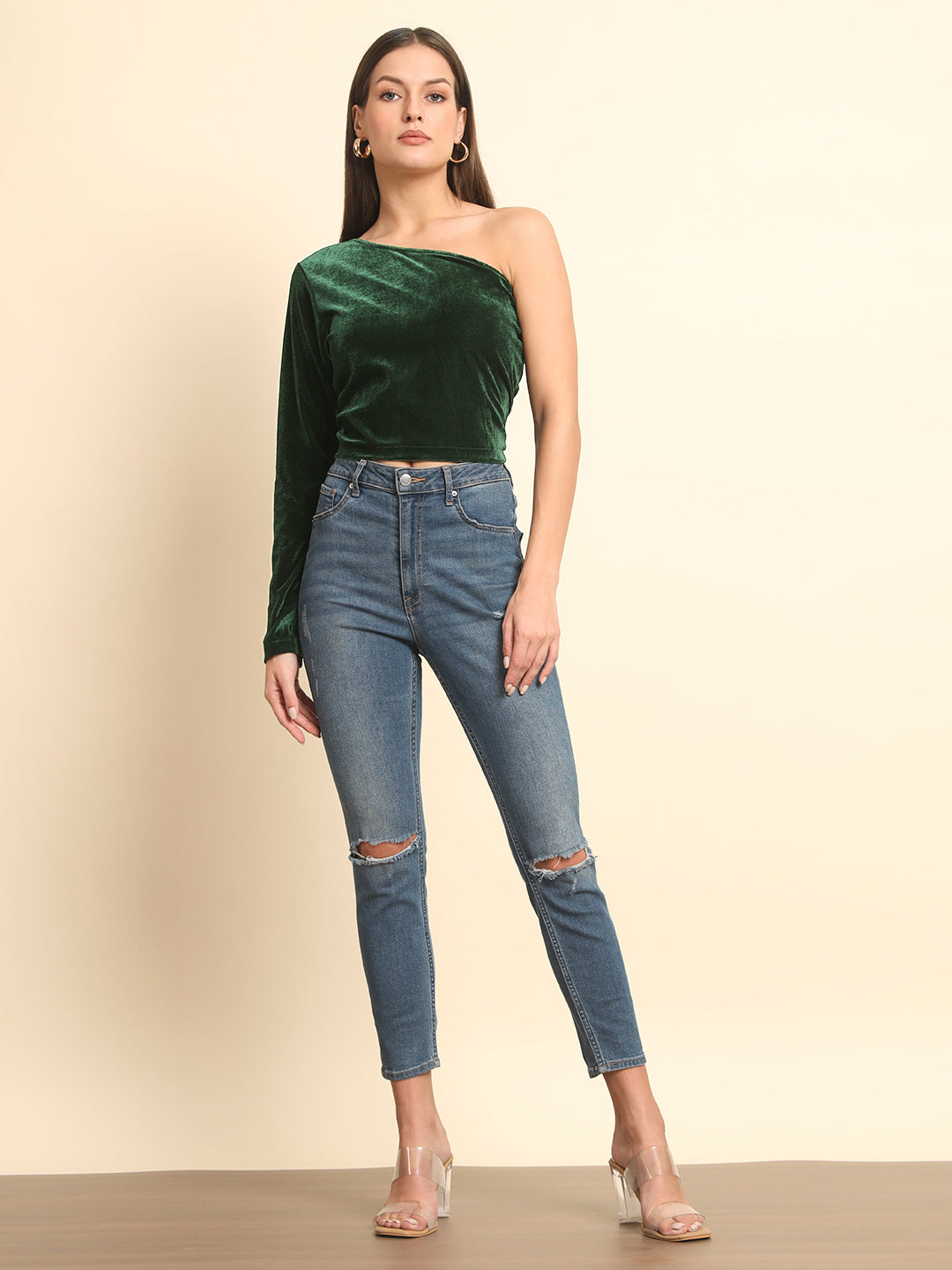 One Shoulder Green Velvet Top