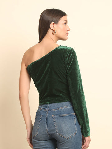 One Shoulder Green Velvet Top