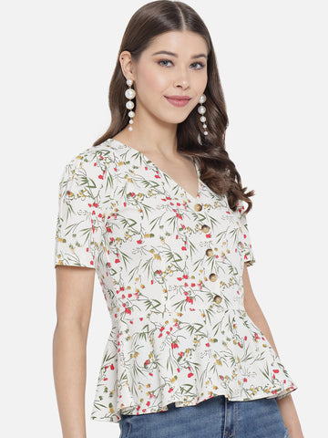 Front Button Cream Floral Peplum Top