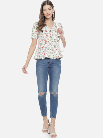 Front Button Cream Floral Peplum Top