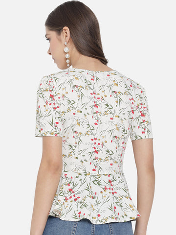 Front Button Cream Floral Peplum Top