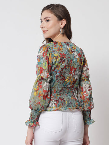 Green Printed Smoking Top
