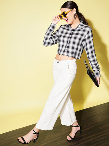 White & Blue Check Cropped Shirt