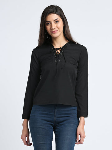 Black Solid Lace up Top