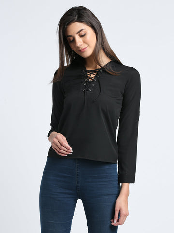 Black Solid Lace up Top