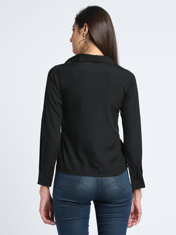 Black Solid Lace up Top