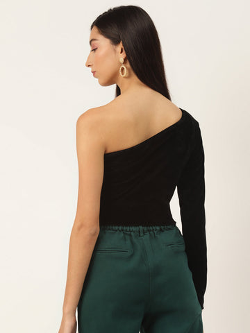 One Shoulder Black Velvet Top