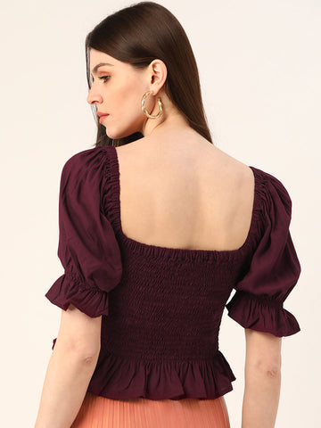 Wine Smocking Puff Sleeve Top